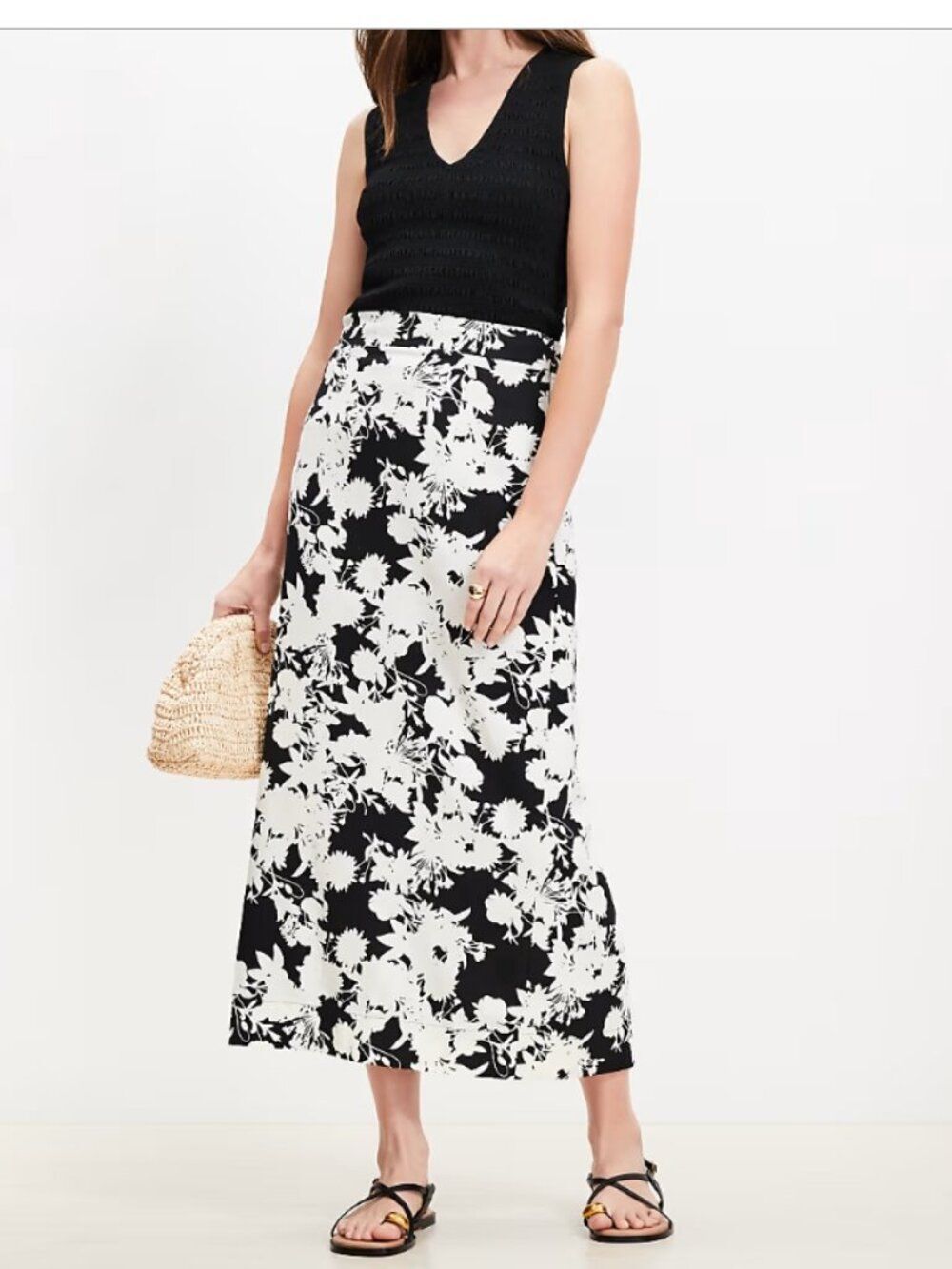 NWT Ann Taylor LOFT Garden Linen Blend Column Midi Skirt Blk/Wht Size 6